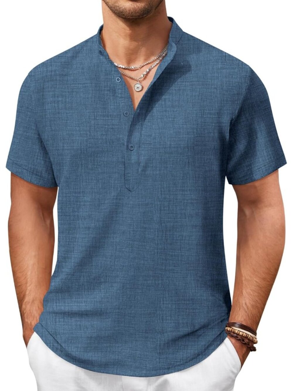Men's Dark Blue Casual Henley Shirt Short Sleeve Linen Beach Summer Tops